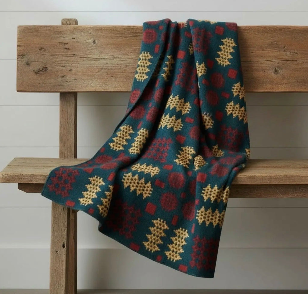 Teal, Red & Mustard Tri-Colour Welsh Tapestry Throw | Moose & Co.